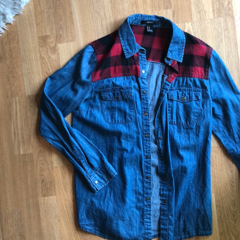 Half denim half flannel long sleeve button up